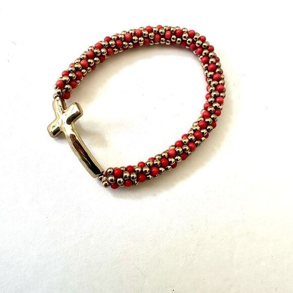 Gold tone and orange beaded stretchy cross bracelet - Picture 1 of 7